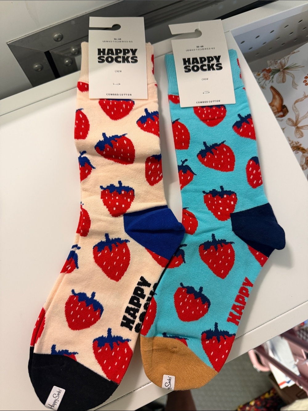 Happy Socks Strawberry Crew Socks - Red, Cream & Blue